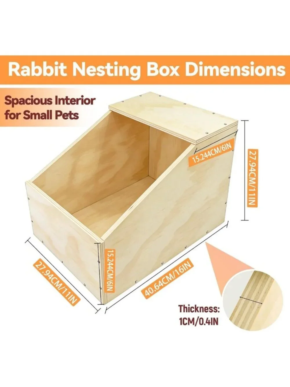Cozy Wooden Rabbit Nesting Box - Solid Wood Small Animal Hideout, 16x11x11